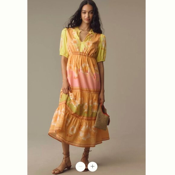 Farm Rio x Anthropologie Short-Sleeve Tiered Midi Dress in Yellow and Orange - Picture 1 of 13